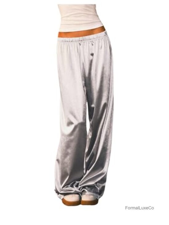 Pants - Wide Leg Satin Pants Elastic Waist Y2k Baggy Low Rise Long Trousers
